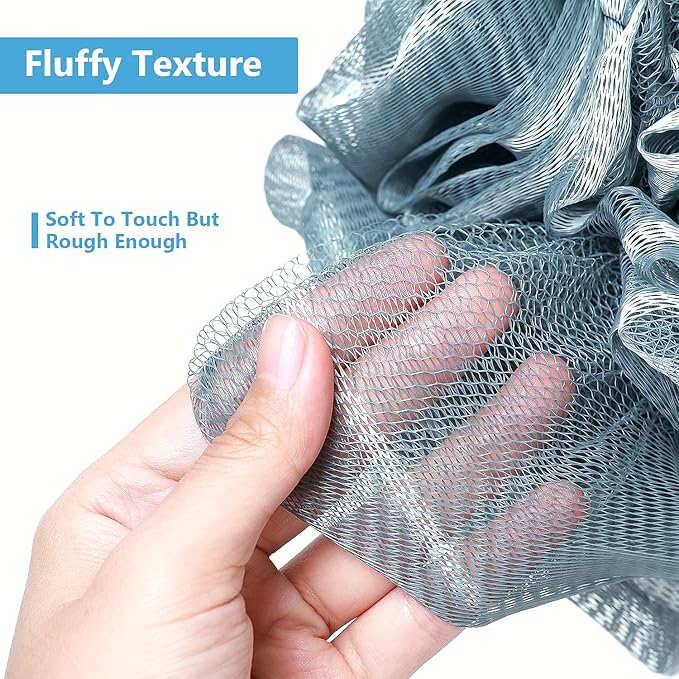 VANZAVANZU Bath Loofah Large 80g Shower Sponge Body Scrubber Mesh Pouf for Men and Women, Set of 4 (Blue Gray)