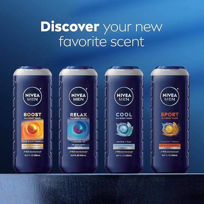 NIVEA MEN Sport Body Wash with Revitalizing Minerals, Tangerine and Pepper Scent, 3-in-1 Men's Body Wash, Face and Hair, Paraben Free, Vegan Formula, 16.9 Fl Oz Bottle, Pack of 3