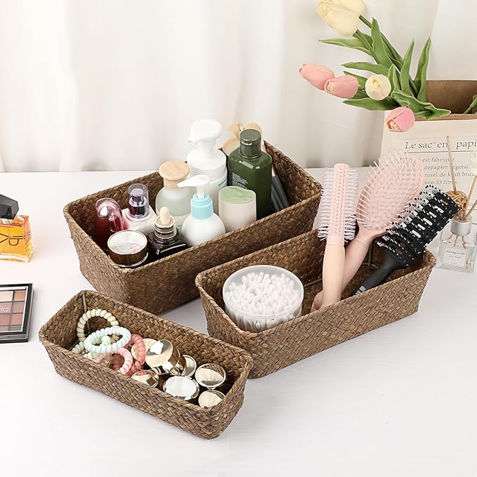 3 Natural Wicker Basket Set Rectangular Handwoven Seagrass Basket Storage Bins Home Organizer Bins - Household Basket Box for Shelf Wardrobe Desktop Home Decor (Coffee)