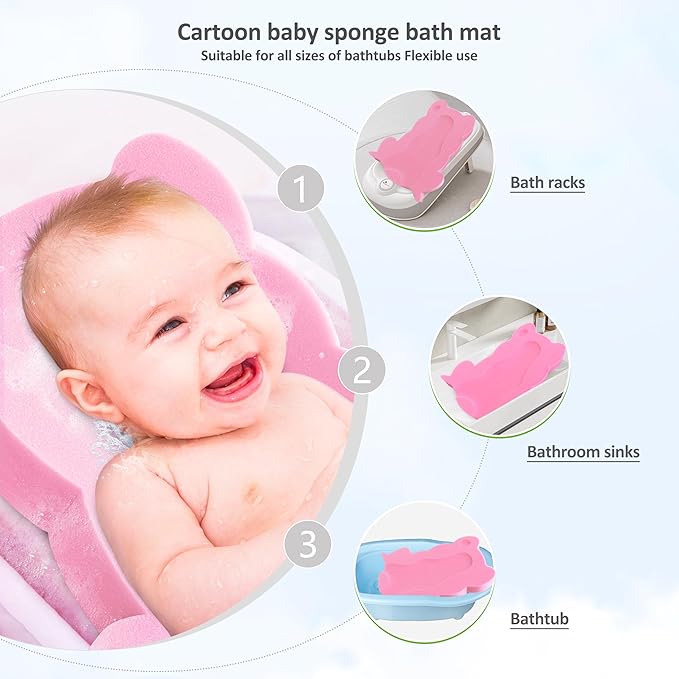 Baby Bath Sponge, Infant Comfy Soft Bath Sponges Mat, Natural Cute Shapes Skid-Proof Bathing Cushion for Toddler & Newborn, 4pcs Shape Style: Blue Dolphin, Pink Shell, Green Turtle and Big Pink Frog