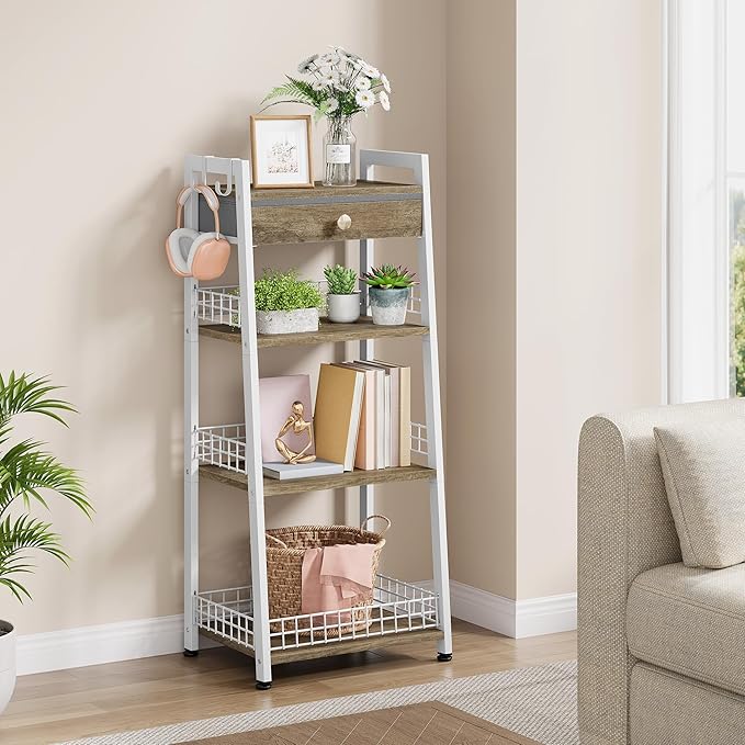 4-Tier Ladder Shelf with Drawer, Bathroom Table Stand for Small Space, Standing Bathroom Shelves with Storage for Living Room Kitchen Bedroom, Organizer Shelf, White