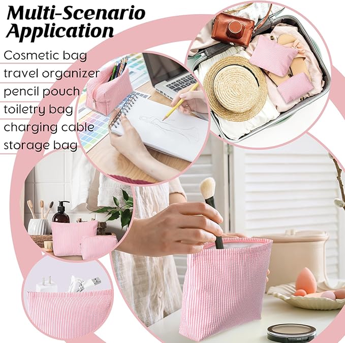2 Pcs Makeup Bag Set Cute Cosmetic Pouch for Women Seersucker Travel Toiletry Bag Preppy Small Makeup Purse Pouch Aesthetic Skincare Brushes Storage Organizer for Valentine Women(Rose Pink)