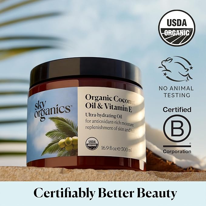 Sky Organics - Organic Coconut Oil & Vitamin E, 16.9 fl oz - Skin & Hair Ultra-Hydrating Oil - Fatty Acids & Antioxidants - Natural, Vegan & Cruelty Free - Skin Care & Hair Care with ebook
