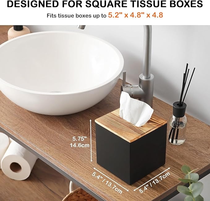 GCWSTJK Black Tissue Box Cover Square - Wooden Tissue Box Holder - Decorative Cube Facial Tissue Dispenser for Vanity Toilet Tank Dresser Nights Stand Kitchen Table Office Countertop