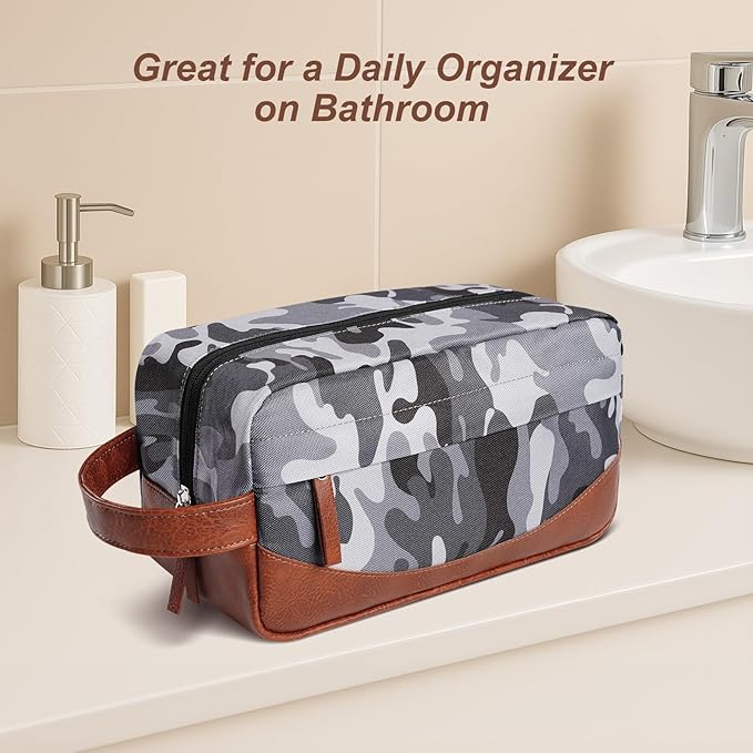 Ezday Travel Toiletry Bag for Men, Hanging Toiletry Organizer, Water Resistant Shaving Kit with Large Capacity for Travel Accessories (Camo-Gey, Medium)