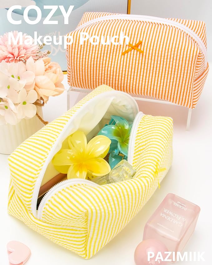 Cozy Makeup Bag for Women,Zipper Cosmetic Pouch,Stripe Yellow,6 Pack