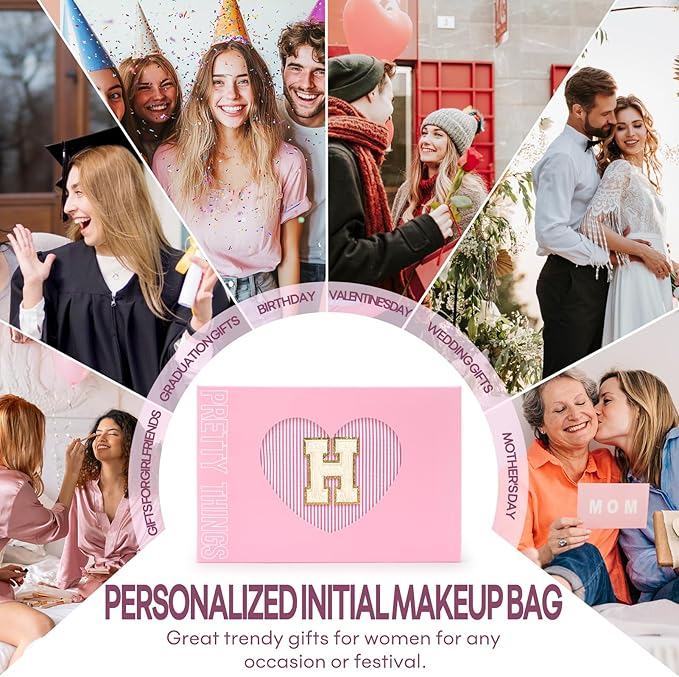 2 PCS Initial Makeup Bags for Women: Cosmetic Bag for Travel Toiletry - Birthday Gifts for 11 12 13 14 15 16 17 18 Years Old Girl Graduation Teacher Gift- Teen Girl Gifts Trendy Stuff - Pink H