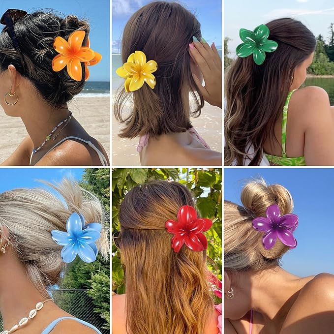 Sisiaipu Flower Hair Clips for Women 6 Pcs Hawaiian Large Claw Clips Plumeria Medium Hair Claw Clips for Thick Thin Hair Hibiscus Tropical Beach Hair Accessories for Women Girls and Girls-Dark Color