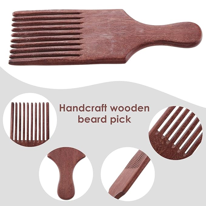 Patelai 2 Pcs Wooden Beard Pick Afro Beard Comb Wood Hair Pick Long Tooth Detangling Comb for Men Women