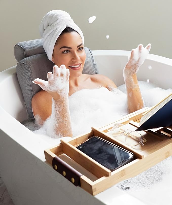 Everlasting Comfort Luxury Bath Pillow for Tub – Quick-Dry 4D Mesh – Gray