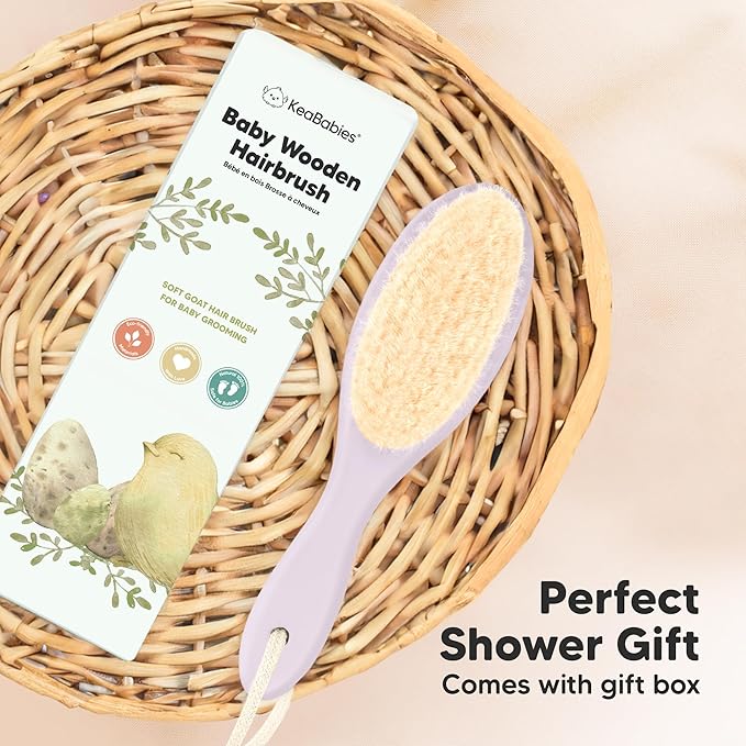Wooden Baby Hair Brush - Cradle Cap Baby Brush with Soft Goat Bristles, Perfect Gentle Scalp Newborn Comb for Infant, Girls, Boys, Bath Essentials (Thistle, Regular)