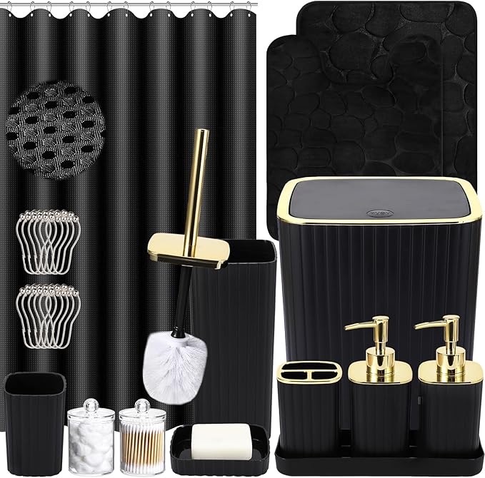 XLHOMO Bathroom Accessory Set - 25PC Green Bathroom Sets, Bathroom Set with Shower Curtain and Rugs, Dark Green Shower Curtain Set, Trash Can, Qtip Holder & Soap Dispenser