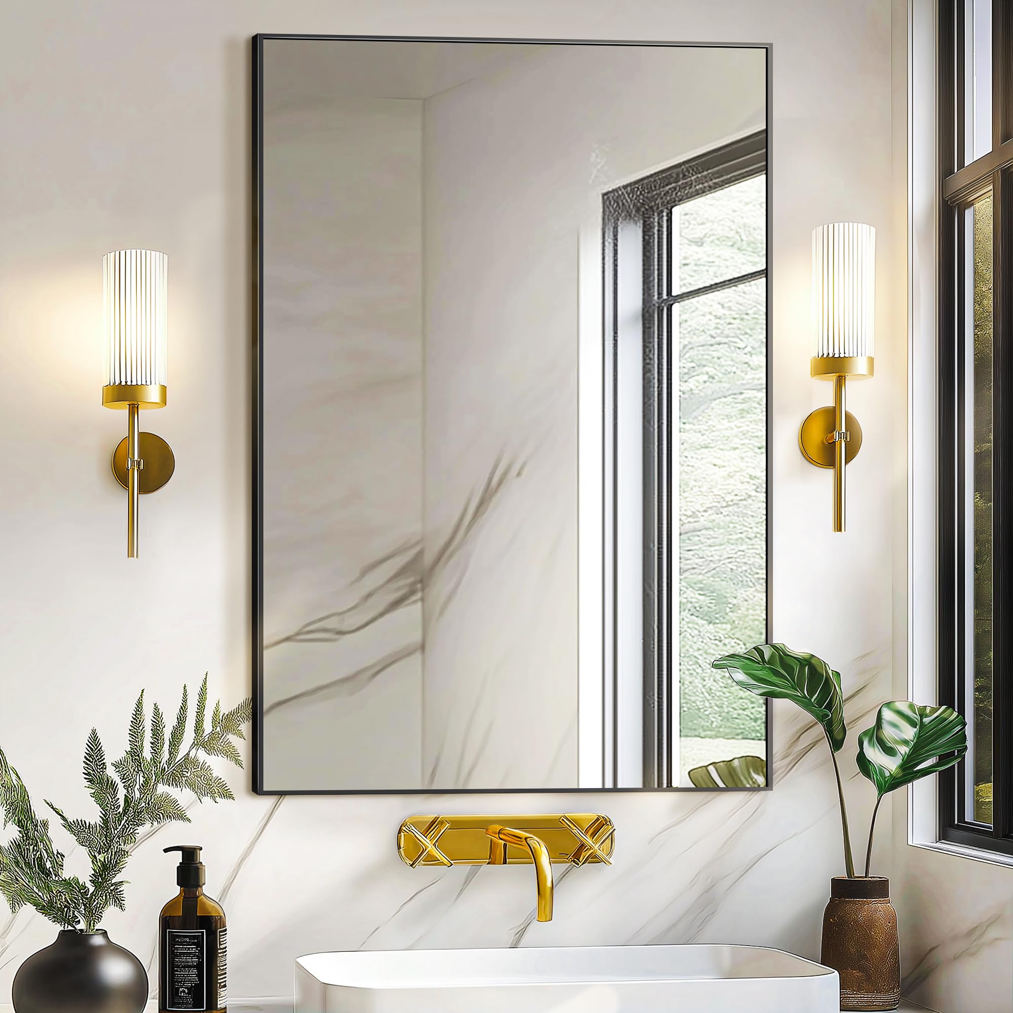TRAHOME Bathroom Vanity Mirror for Wall, 36" x 24" Metal Framed Rectangular Bathroom Wall Mirror for Over Sink, HD Shatterproof Glass, Hangs Horizontally or Vertically(Black)