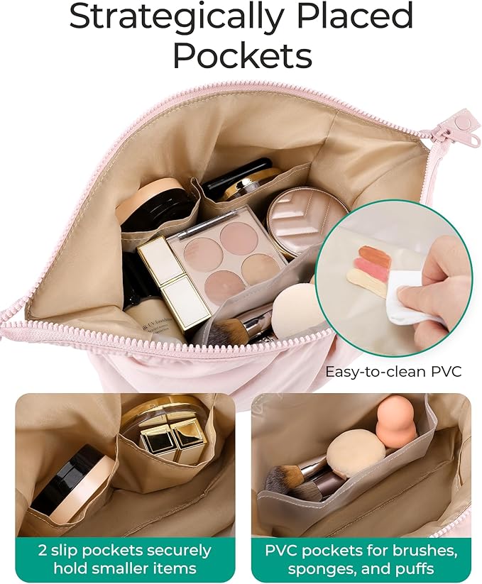 BAGSMART Makeup Bag Travel Makeup Bag, Cute Make Up Bag, Large Capacity Cosmetic Bags for Women, Wide-open Makeup Pouch Travel Essentials Toiletries Accessories Brushes (Camel)