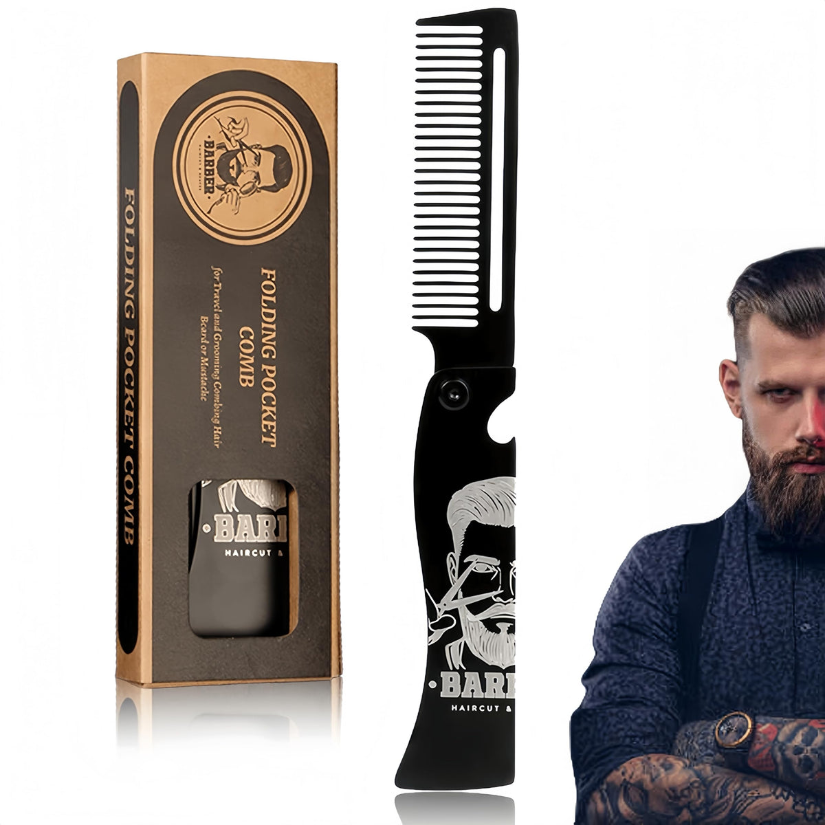Metal Beard Comb for Men, Folding, 201 Steel, Laser-Etched Handle, 0.17lb