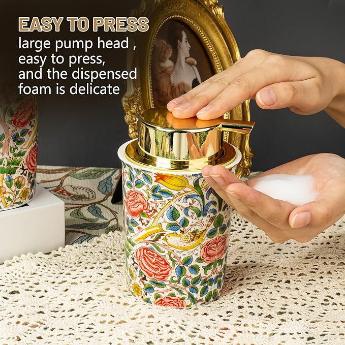 Vintage Rose Ceramic Foaming Soap Dispenser for Bathroom & Kitchen Refillable Lotion Liquid Foam Pump Dispensers