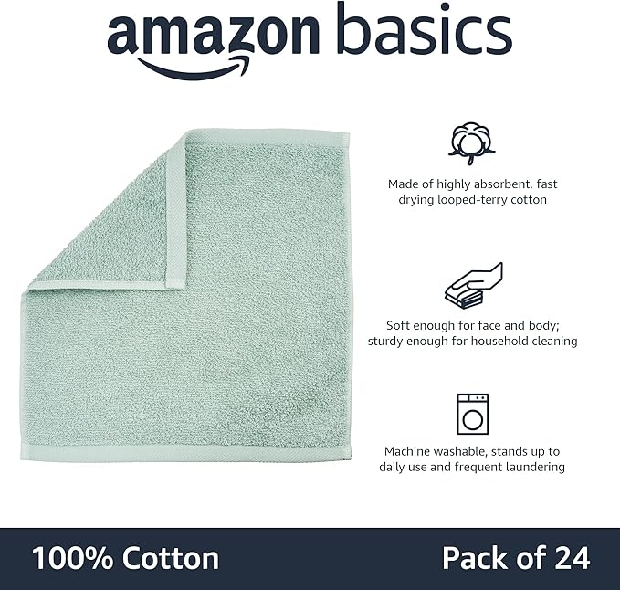 Amazon Basics Cotton Washcloths for Bathroom,Fast Drying,Extra Absorbent,12 x 12 in,Seafoam Green,Ice Blue,White,(Pack of 144)