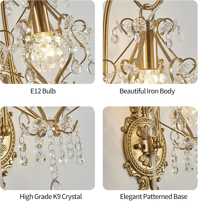 Gold Crystal Vintage Plug in Wall Sconces Set of 2 Indoor Wall Light Fixture, Modern Wall Mount Lamp Light for Bedroom Living Room Bathroom Vanity Light Hallway Light Fixture LED E12