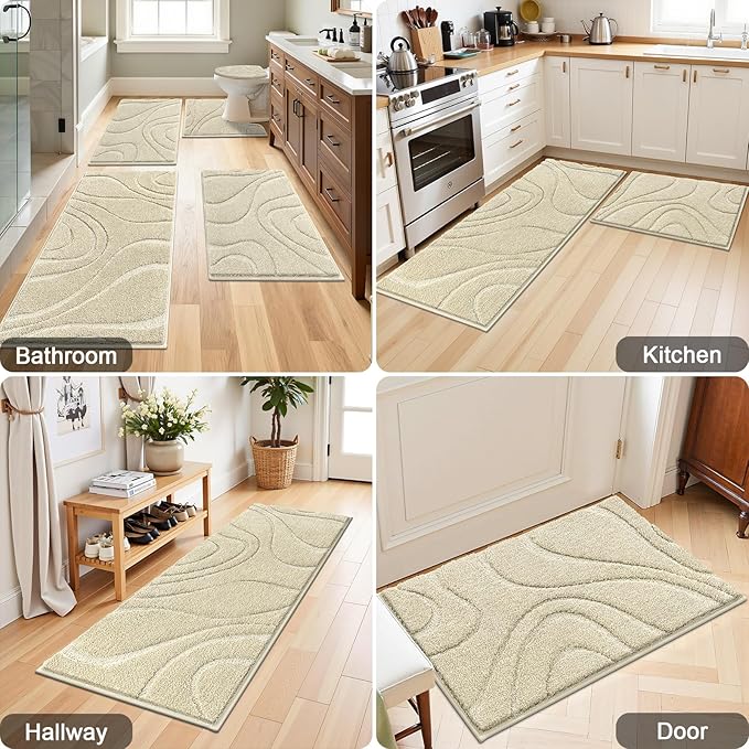 HEBE Bathroom Rugs Sets 5 Piece, Soft Absorbent Microfiber Bath Mat for Bathroom, Non Slip Washable Bath Rug Set with Toilet Cover, Bath Runner and U-Shaped Contour Toilet Rug, Light Beige
