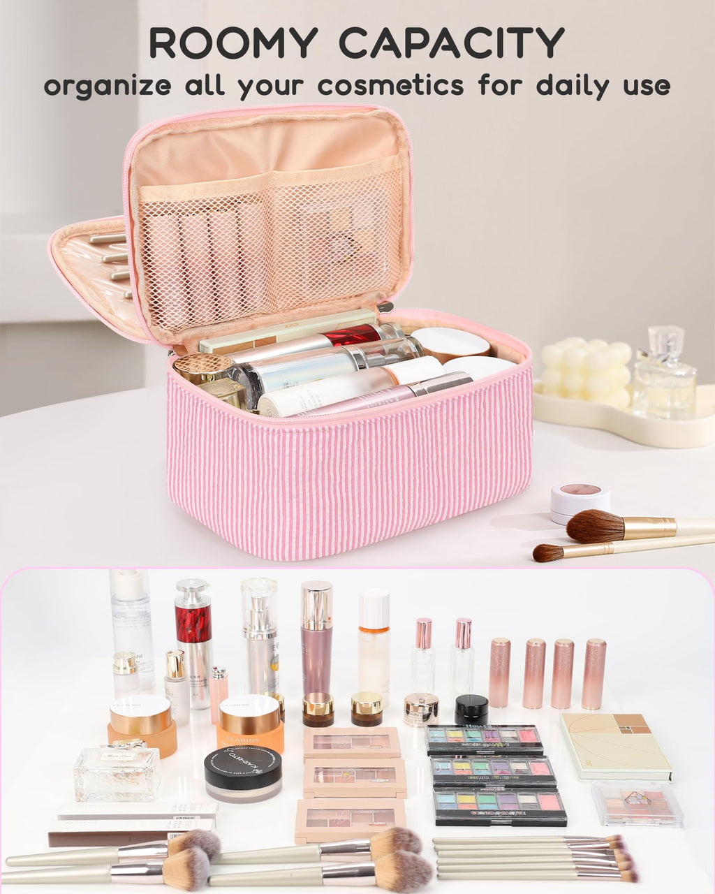 Relavel Large Makeup Bag, Portable Pink Cosmetic Bag for Girls, Dual-layer Makeup Pouch with Brush Holder, Multi-Functional Preppy Toiletry Organizer for Travel, Daily Use - Pink Strip