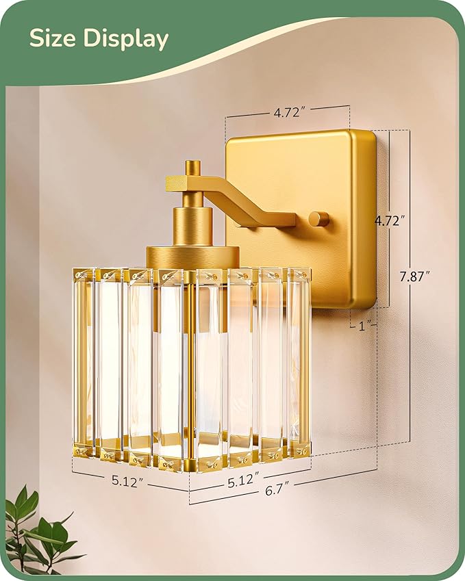 EDISHINE Modern Gold Crystal Wall Sconces Set of 2, Bathroom Vanity Lights