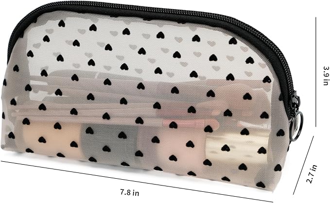TOPASION Portable Mesh Makeup Bag with Zipper Small Travel Toiletry Bag Lightweight Cosmetic Pouch (Beige&Black Heart Half Round)
