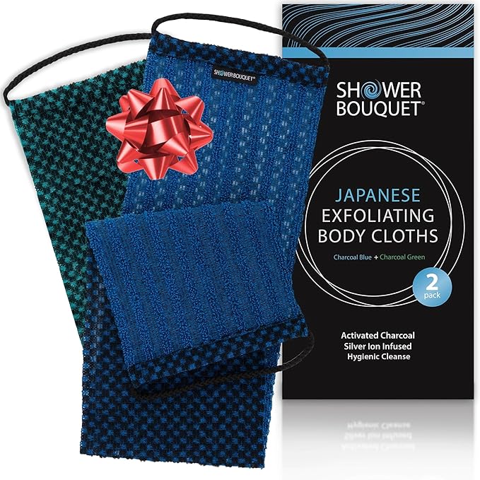 SHOWER BOUQUET Japanese-Exfoliating-Washcloth 2-Pack Charcoal & Silver Ion
