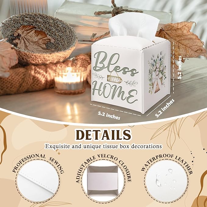 Bless Home & Flowers Bow Design Tissue Box Cover - Vintage PU Leather Waterproof Tissue Holder - Facial Paper Organizer for Home Bathroom Office - Desk Decorative Dispenser Box-B02