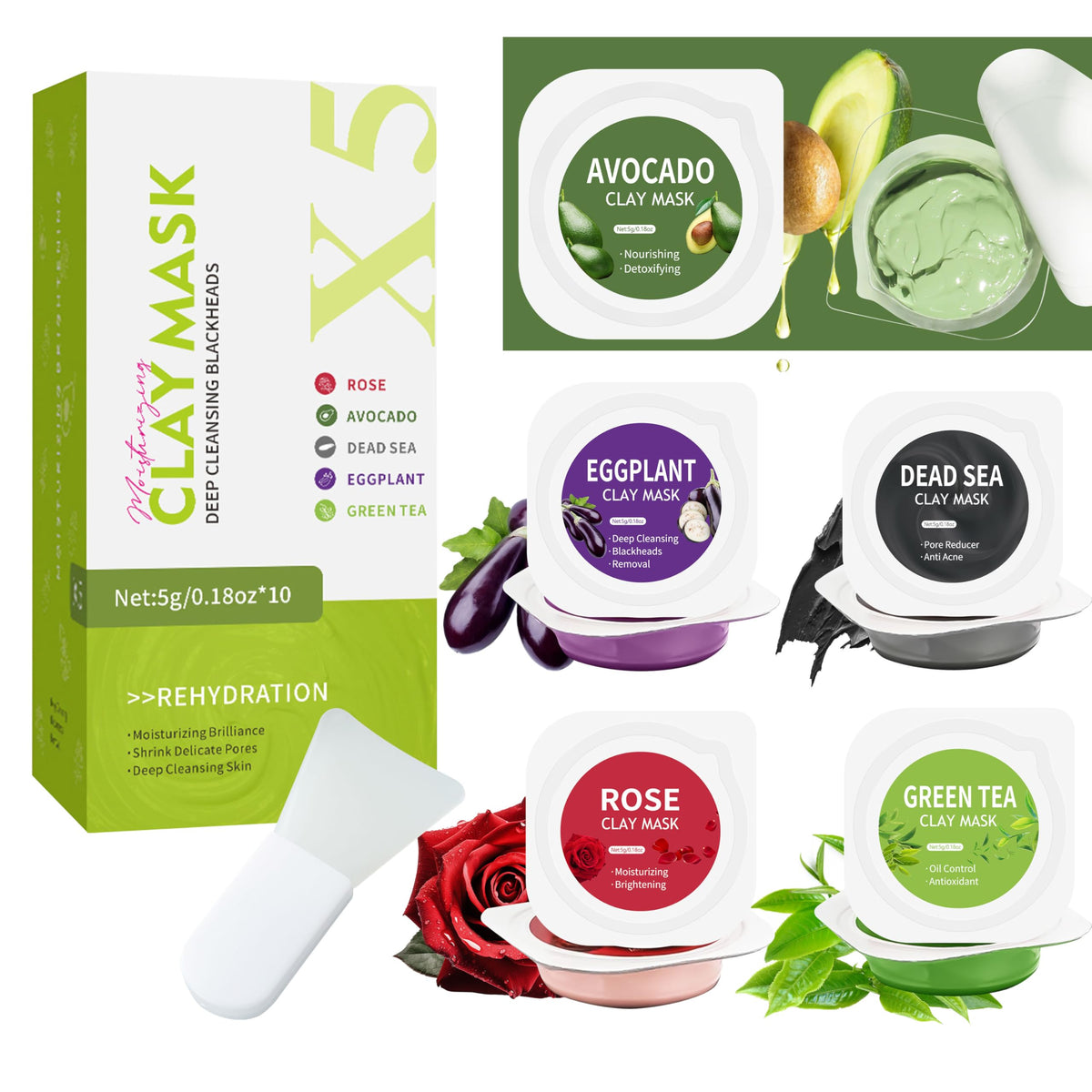 10 Pods Clay Facial Mask Set - Rose, Green Tea, Eggplant, Avocado, Dead Sea Mud, Mud Mask Deep Pore Cleansing Acne Blackhead Removal Men & Women Face Mask Skin Care,Two To Three Times A Week.