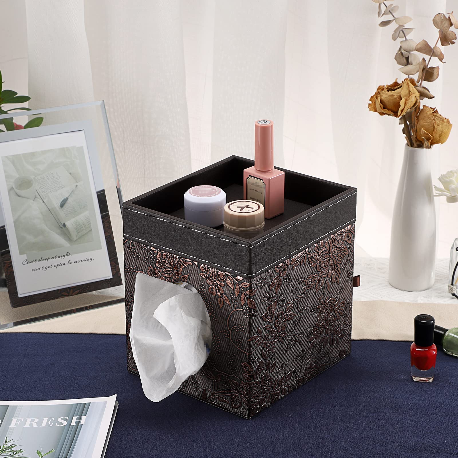 Sumnacon Leather Square Tissue Box Cover - Decorative Cube Tissue Box Holder with Tray, Stylish Facial Tissue Holder for Bathroom Vanity Dresser Table Home Office Bar, Brown Flower