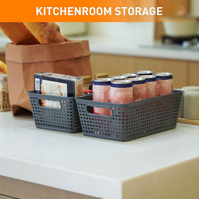 Anywish Plastic Storage Baskets With Lid, Storage Bins for Organizing, Stackable Decorative Containers for Shelves Drawers Desktop Closet Playroom Classroom Office, 6 Pack-Grey