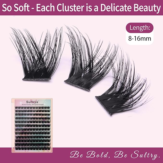 Lash Clusters DIY Eyelash Extensions Volume Lashes Fluffy Individual Lashes 3D Multi-Layered Wispy False Eyelashes Faux Mink Self-Application at home with Natural Look (8-16mm, D01-MULTI)