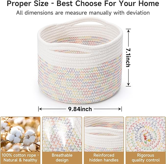 Small Rope Baskets for Storage, Baskets for Gifts Empty, Cute Round Woven Basket, Decorative Shelf Baskets 9.82×9.82×7.1", Cotton Toy Basket Storage Bins for Organizer 3 Packs-Rainbow