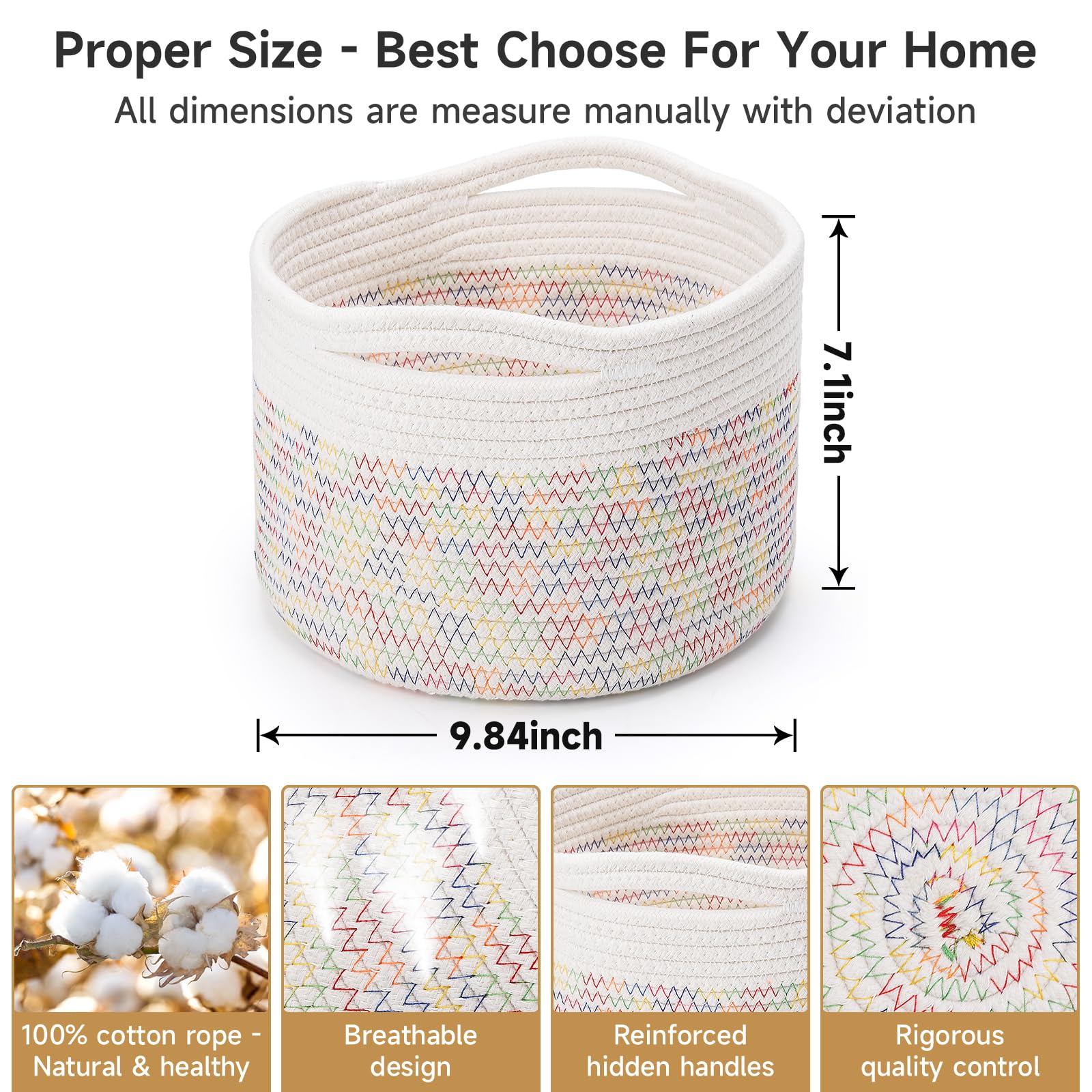 Maxuni 3 Pack Small Rope Storage Baskets, 9.82×9.82×7.1", Rainbow