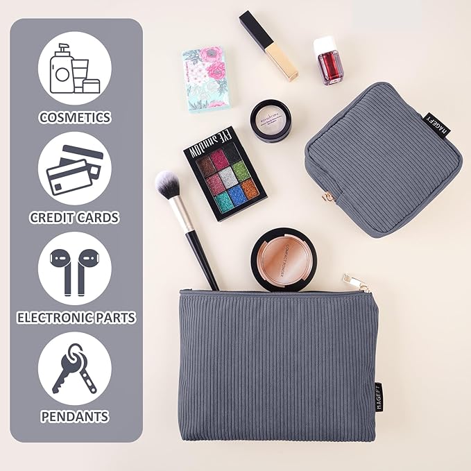 MAGEFY Small Makeup Bag for Purse Corduroy Makeup Bag with Inner Zipper Pockets Travel Cosmetic Bag for Women Preppy Stuff Gifts for Her, Black
