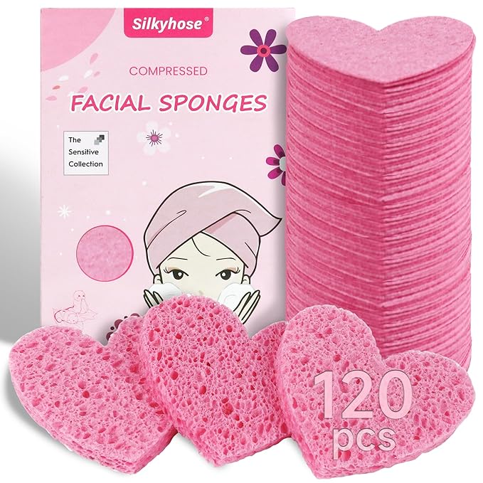 Silkyhose Women 120-Count Compressed Cellulose Heart Shape Face Facial Sponges 100% Natural Cosmetic Sponges for Facial Cleansing Exfoliating Mask Skin Massage (（Pink） 120 Count)
