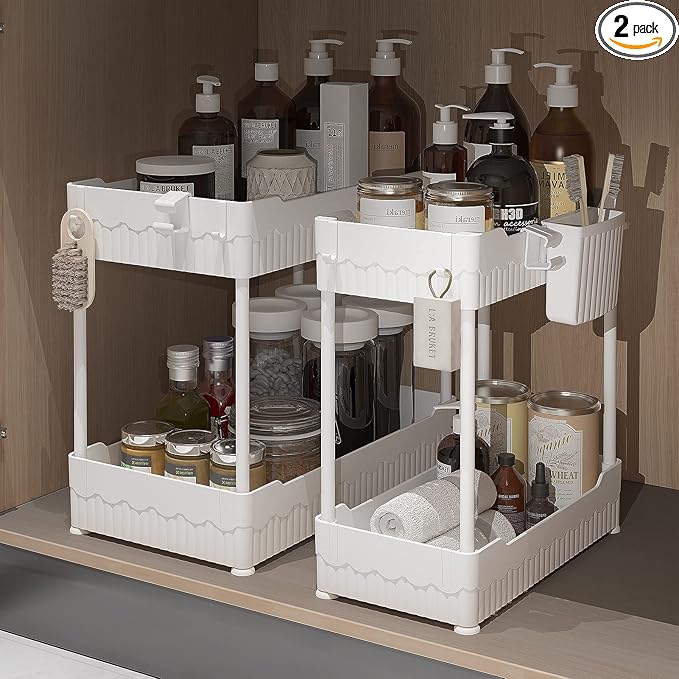 2 Pack Under Sink Organizer, Under Bathroom Cabinet Organizer with Hooks Hanging Cup, Multi-Purpose Storage Shelf for Kitchen Bathroom (White, 12.8 Inch)