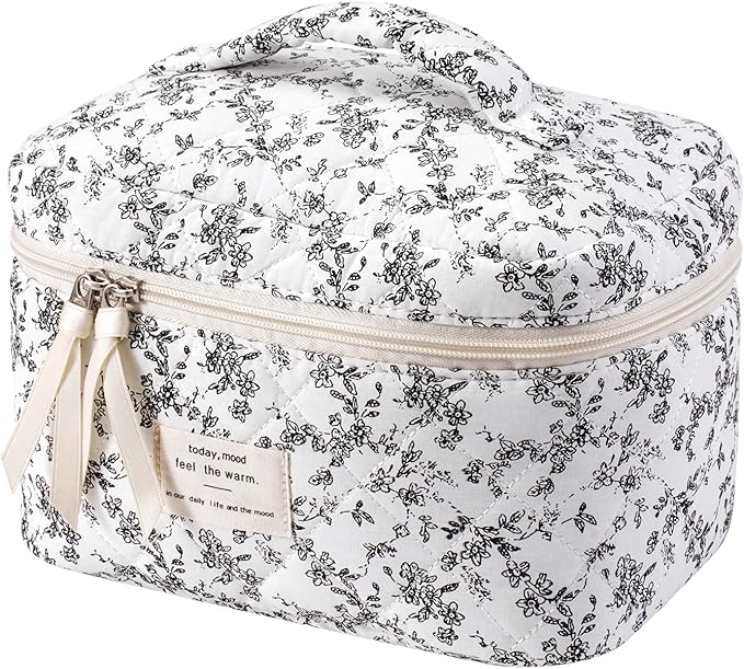 uekeboag Large Travel Quilted Makeup Bag for Women, Floral Cotton Cosmetic Bag, Coquette Aesthetic Floral Toiletry Organizer Bag(Black Flower