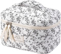 uekeboag Large Travel Quilted Makeup Bag for Women, Floral Cotton Cosmetic Bag, Coquette Aesthetic Floral Toiletry Organizer Bag(Black Flower