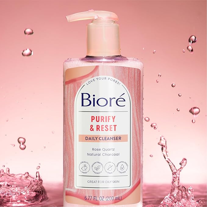 Bioré Rose Quartz + Charcoal Daily Purifying Cleanser, Oil Free Facial Cleanser Energizes Skin, Dermatologist Tested and Cruelty Free, 6.77 oz