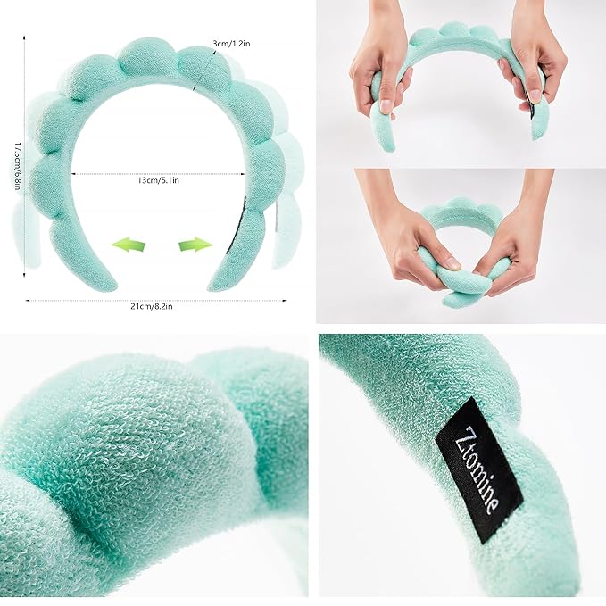 Ztomine Spa Terry Cloth Face Washing Headband Combo - Set of 2 Puffy Makeup Headbands for Facial Care (Blue + Turquoise)