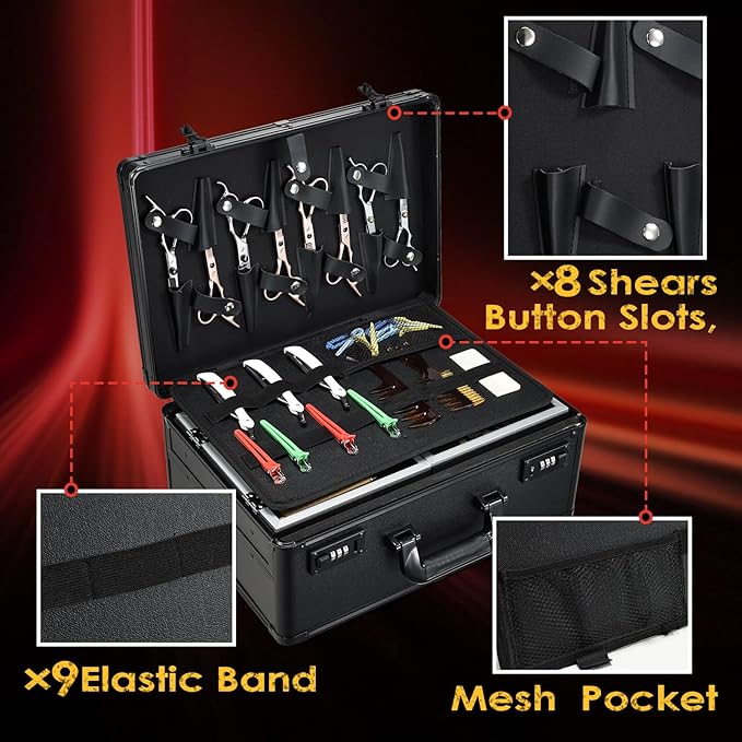 Yueieoun Barber Case 6 Clippers Sliding Tray, Profesional Barbers Briefcase Tool Case, Barber Cases for Clippers and Supplies, Hair Scissors Trimmer Organizer, Salon Hair Grooming Hard Travel Suitcase