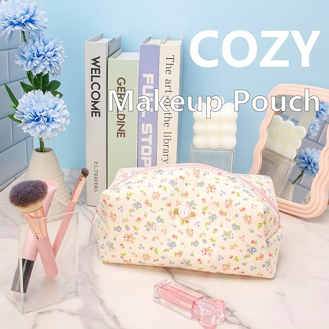 Cozy Makeup Bag for Women,Zipper Cosmetic Pouch,Ribbing Beige Floral