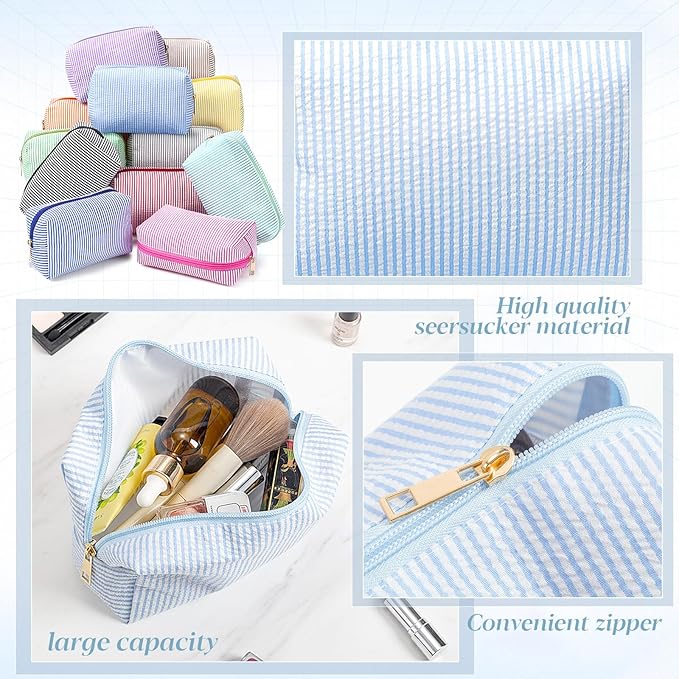 Sanwuta 12 Pcs Seersucker Cosmetic Bags Bulk Seersucker Makeup Bags Stripe Women Pouch Large Preppy Storage Pouch Toiletry Travel for Wedding Bridesmaid Bride Favor Back to Teacher Gift (Neutral)