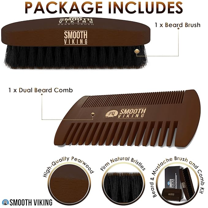 Smooth Viking Beard Brush for Men & Beard Comb Set - Beard Kit for Men with Natural Boar Bristle Barber Brush & Wooden Comb, Facial Hair Grooming & Shaping Tool Gift Set for Hair Products - Brown