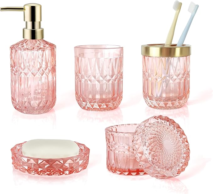 LaMarriti 5pcs Pink Bathroom Accessory Set, Clear Glass Bathroom Set, Soap Dispenser and Toothbrush Holder Set, Soap Dish, Tumbler, Qtips Holder for Crystal Modern Bathroom Decor, Set