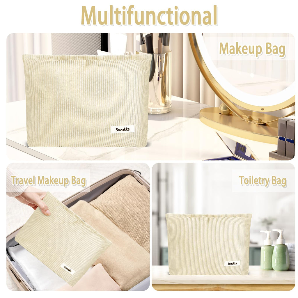 ZLFSQR Corduroy Makeup Bag for Women Small Corduroy Cosmetic Bag Large Cute Travel Makeup Pouch for Purse White Cloth Cosmetic Pouch Zipper Storage Organizer Canvas Toiletry Bags