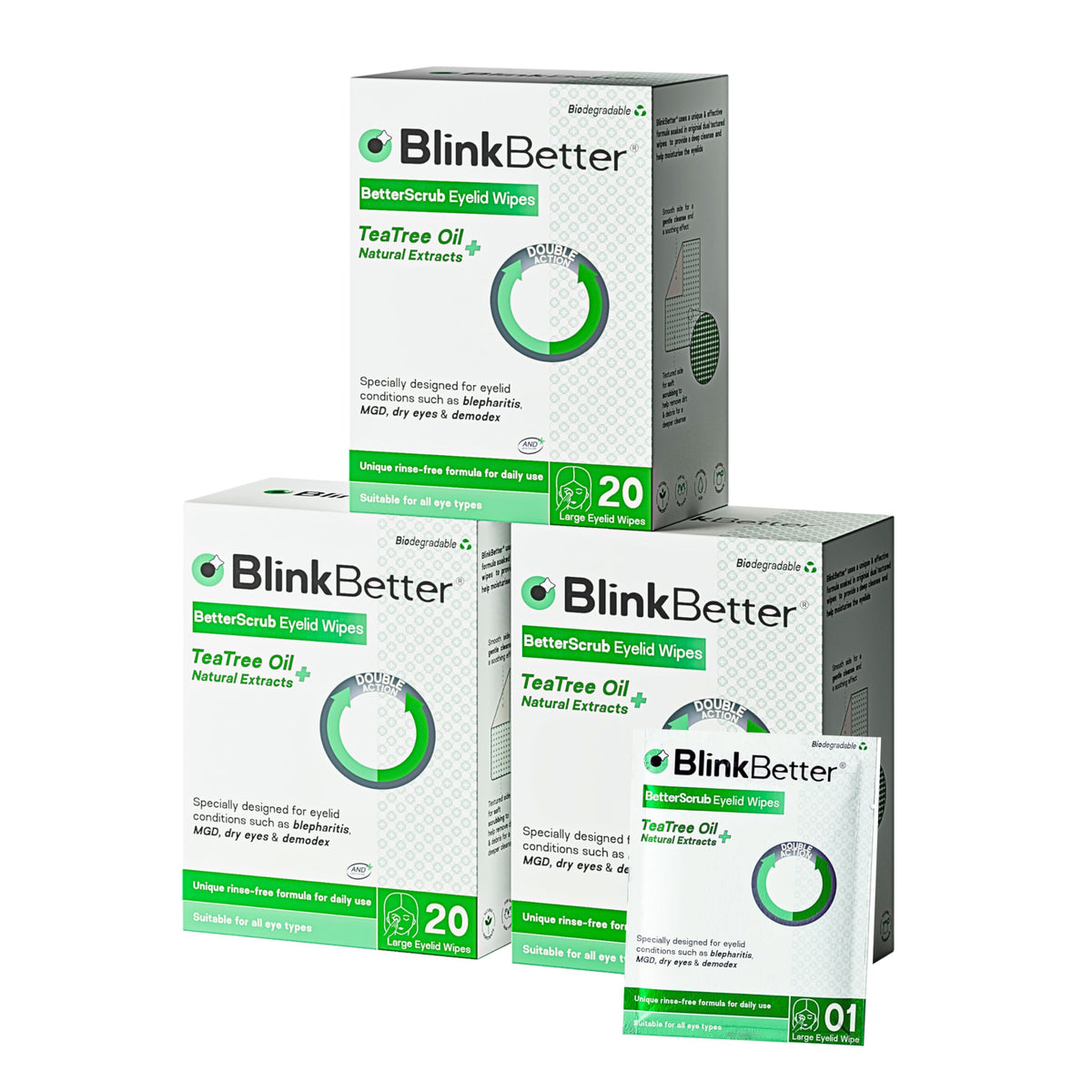 BlinkBetter Tea Tree Oil Eyelid Wipes - 20 x Natural Blepharitis, MGD & Dry Eye Relief Wipes | Cleansing, Soothing, Dual-Textured, Triple Moisture Formula | Biodegradable & Gentle (Pack of 1, 20)