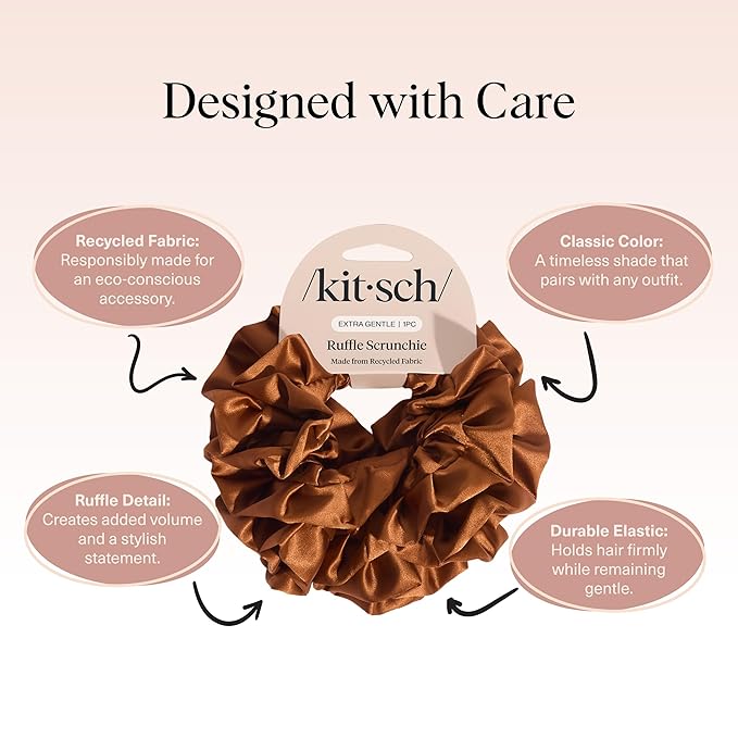 Kitsch Recycled Satin Ruffle Scrunchie – Gentle Hair Scrunchie for Women, Eco-Friendly Hair Tie No Damage, Stylish Ponytail Holder - Camel