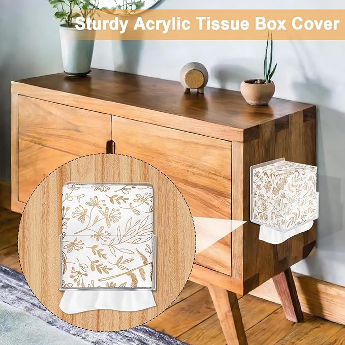 Acrylic Tissue Box Holder Wall Mounted, Clear Square Tissue Dispenser with Self Adhesive Hook and Screws, Classic Tissue Box Cover Tissues Organizer for Bathroom Toilet Kitchen Desk Cabinet RV